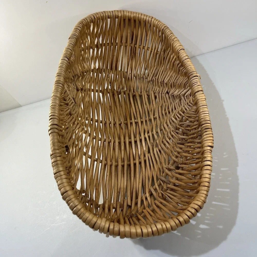 Vtg Handwoven Wicker Basket Oval Bread Bowl Rustic Boho Farmhouse Cottagecore